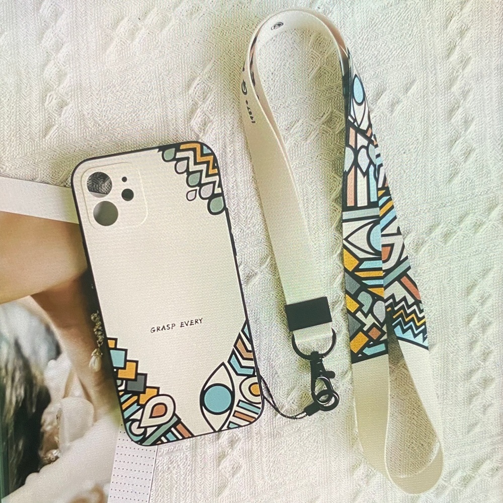 White Geometric Pattern Phone Case with Matching Lanyard